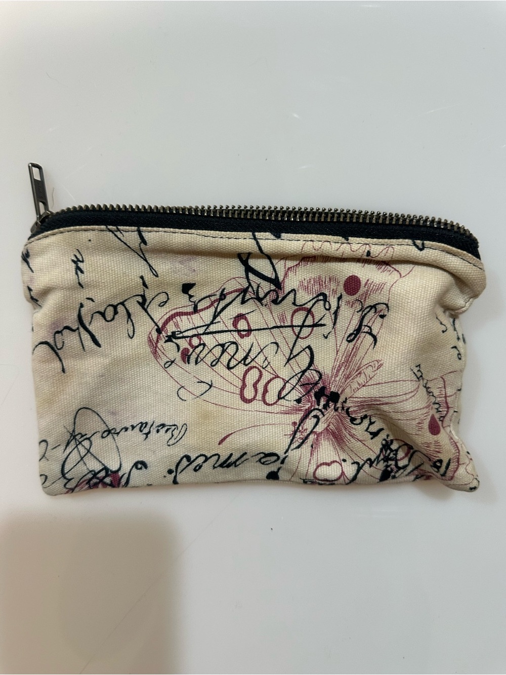 Source Unknown Cream Canvas Pouch with Pink Butterfly and Black Script